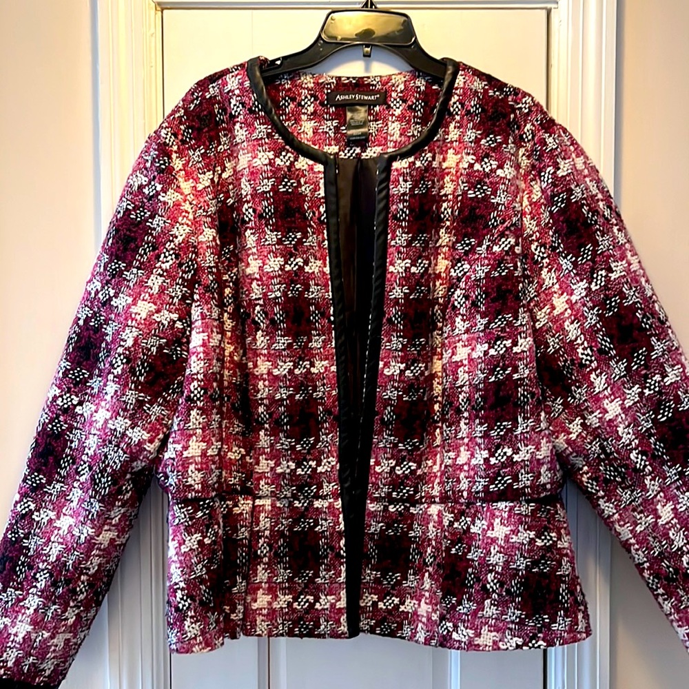 Pink and Black Tweed faux leather trimmed jacket by Ashley Stewart